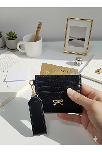 Uzs pace Bow Detailed Card Holder & Keychain - Black