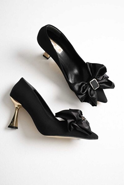 Sena Stil Kadın Gold Topuk saten Fiyonk Detaylı Topuklu Ayakkabı