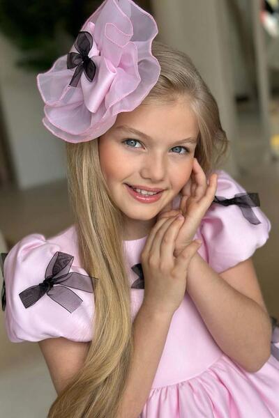 Riccotarz Girl's Balloon Sleeves Satin Powder Evening Dress with Ribbon Detail on the Outside and Lining on the Inside