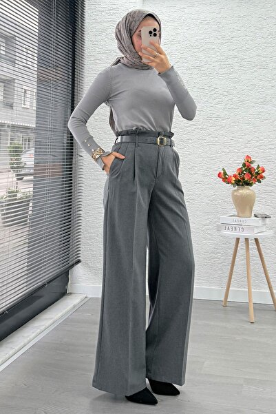 MELEK ARAZ Premium High Waist Belted Pleat Detail Palazzo Pants –Gray