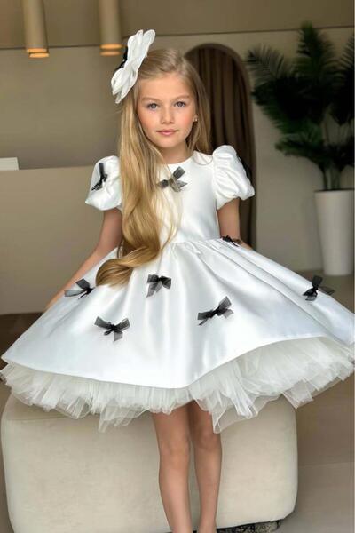 Riccotarz Girl's Balloon Sleeve Black Ribbon Detailed Satin Evening Dress with Lining Inside