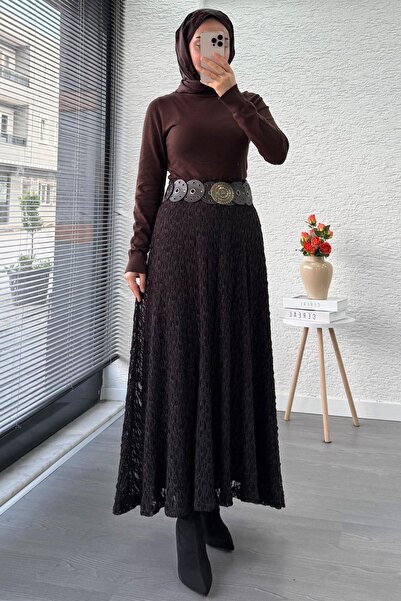 MELEK ARAZ Lace Textured Flared Long Skirt – Brown