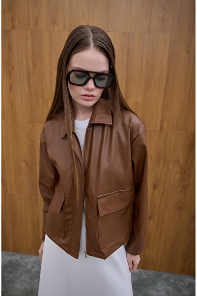 Birgül Bektaş Δερμάτινο μπουφάν με καφέ μπροστινή τσέπη