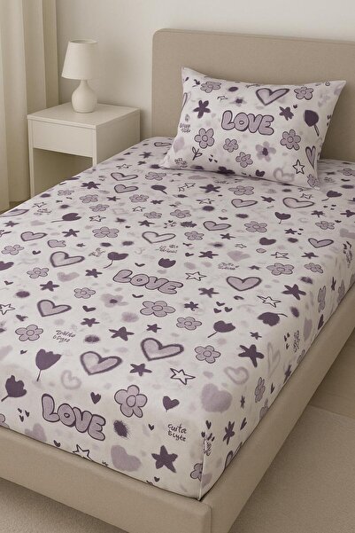 uykulife home collection Uykuli̇fe Purple Love Pattern Single Person Fitted Bed Sheet Set