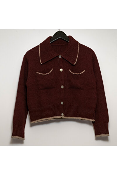 FASHION Cropped Wool, Viscose & Cashmere Blend Polo Cardigan with Front Pocke...