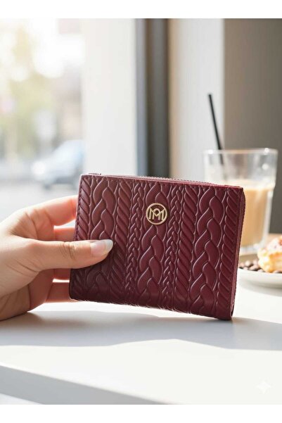Uzs pace Embossed Knitted Detailed Medium Size Zippered Faux Leather Wallet Burgundy
