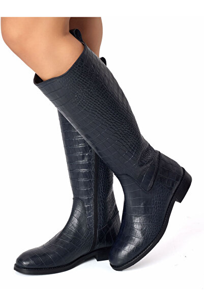 RUJO Timsah Desenli Hakiki Kroko Deri El İşçiliği Yandan Fermuarlı Lacivert Ç...