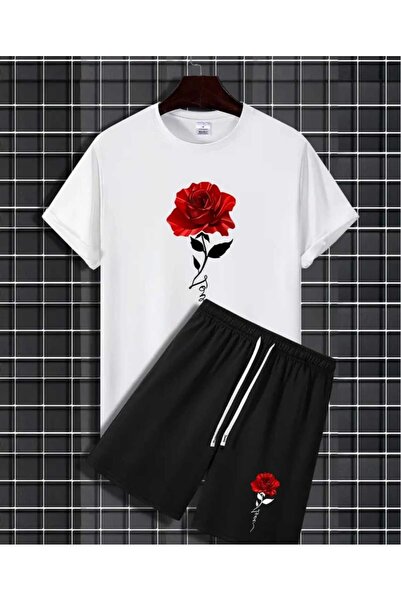 ORVIO Group Red Rose Printed T-Shirt and Shorts Set