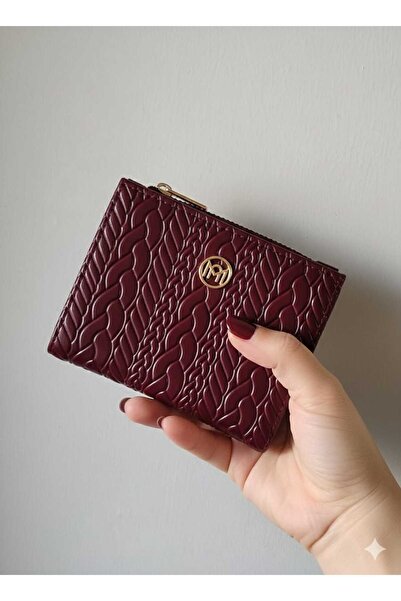 Uzs pace Embossed Knitted Detailed Medium Size Zippered Faux Leather Wallet Burgundy