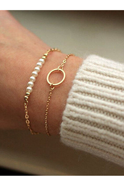 Shiklik Set of 2 Gold Color Pearl Women's Bracelet