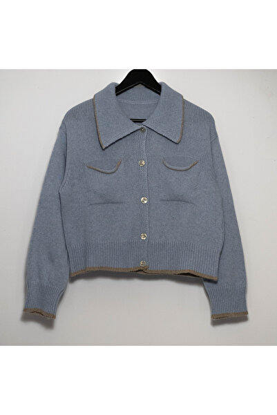 FASHION Cropped Wool, Viscose & Cashmere Blend Polo Cardigan with Front Pocke...