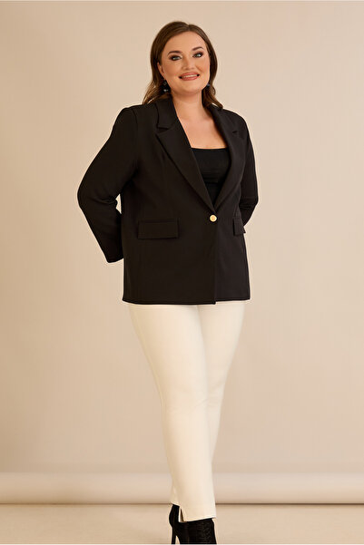 FOR ESRA BIG TREND Women's Plus Size Single Button Decorative Flap Pocket Shoulder Pad Layer Lined Woven Jacket