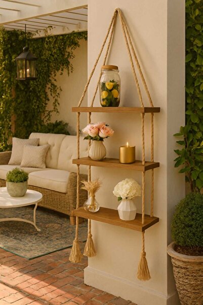 ATÖLYE DÜNYASI 3 Katlı Dekoratif Ahşap Halatlı Duvar Rafı Kitaplık & Çiçeklik Uçan Raf 40cmx13cmx100cm