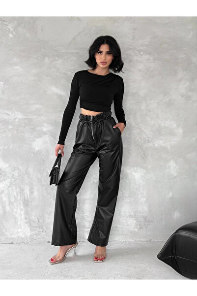ZENGEZUR MALL Mtxdpn Leather Pants with Self-Thin Belt Black T1178 (153851) (Size: S)
