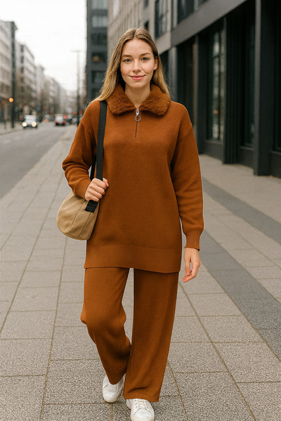 semela Fur Zippered Polo Neck Knitwear Set