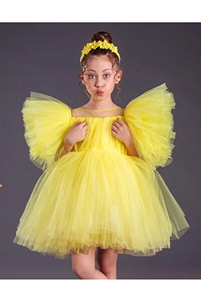 zeyya Kız Çocuk Sarı Tüllü Kabarık Abiye Elbise
