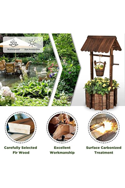 genric OneDcor Rustic Wooden Wishing Well Planter with Hanging Bucket - Burnt-Finish Outdoor Flower Pot
