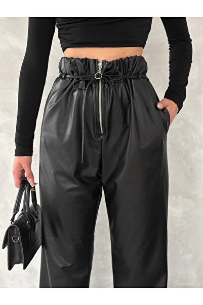 ZENGEZUR MALL Mtxdpn Leather Pants with Self-Thin Belt Black T1178 (153851) (Size: S)