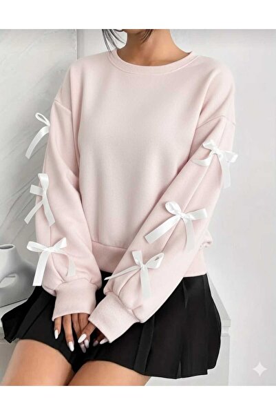 Abruzzo Kurdele Detaylı Bisiklet Yaka Sweatshirt Şık Modern - Pembe