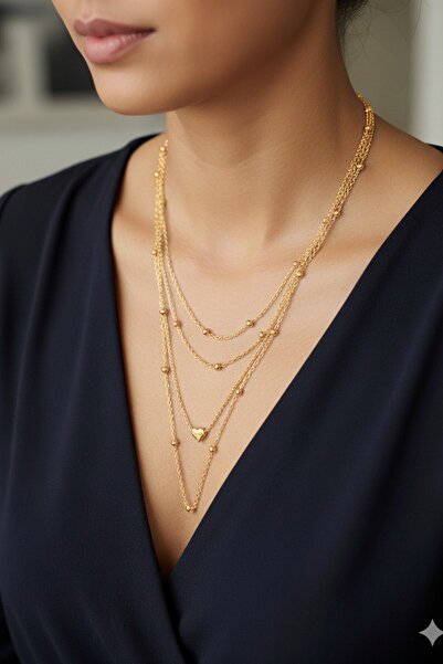 BLIZGANTIS Gold Kalp Detay Figürlü Top Zincir Katmanlı Çoklu Kolye