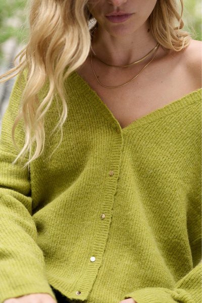 FASHION Cardigan din amestec de lână și alpaca cu nasturi aurii, decolteu în V, ținută 2 în 1 - Verde lime S/M