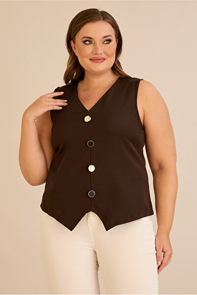 FOR ESRA BIG TREND Women's Plus Size V Neck Big Ornamental Button Sleeveless Vest Look Stretchy Woven Blouse