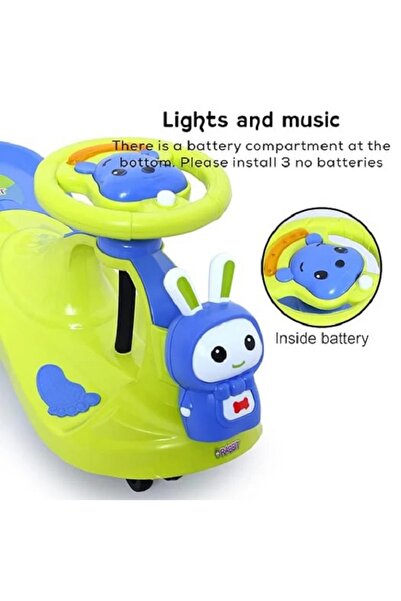 Generic Rabbit-shaped swing car with music, steering wheel, and lights for boys and girls, blue color