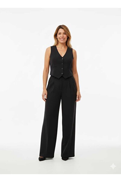 SY Kadın Yelek Pantolon Takım Siyah Pileli Bol Paça