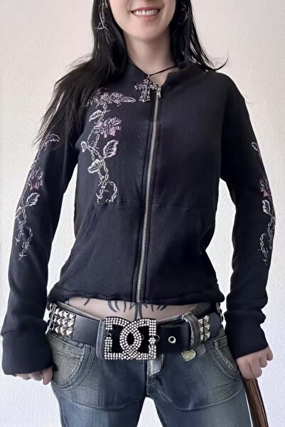 ARS Butik Black Back Printed Gothic Wing Flower Y2K Crop Zippered Sweat Cardigan