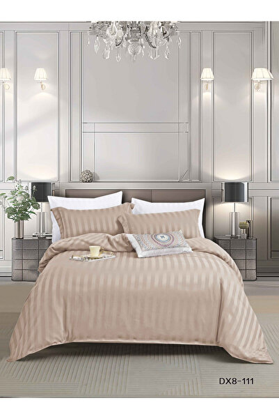 FIONNA.RO Lenjerie Din Bumbac Tip Damasc 1 Persoana Cu Elastic - Bej Capuccino