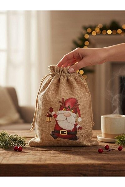 Zekids Sevimli Noel Baba Cüce Baskılı Hediyelik Jüt Kese(10x15 cm)