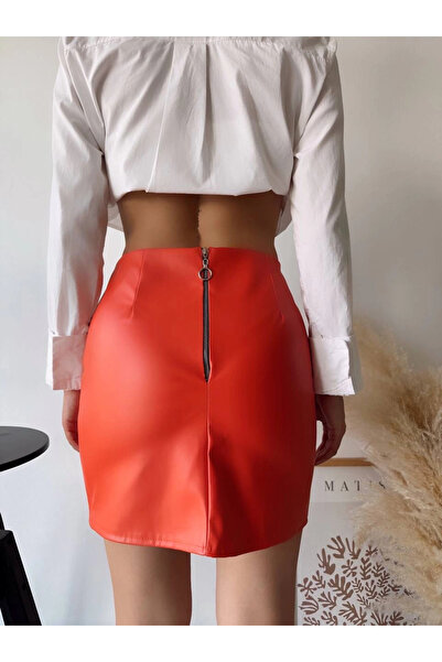 ZENGEZUR MALL Mtxdpn Single Slit Leather Skirt with Back Zipper Orange S24475 (153933) (Size: S)