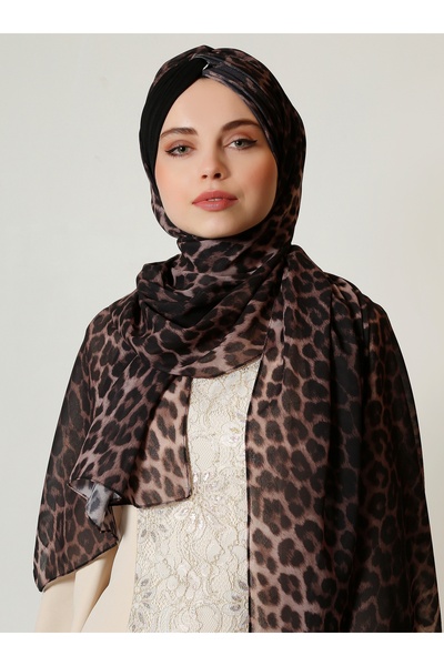 Differenza Leopar Düğüm Şifon Şal - Siyah Tek Taraf