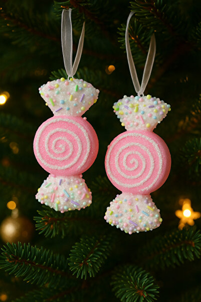 lve Set 2 decoratiuni brad bomboane roz, 14 cm