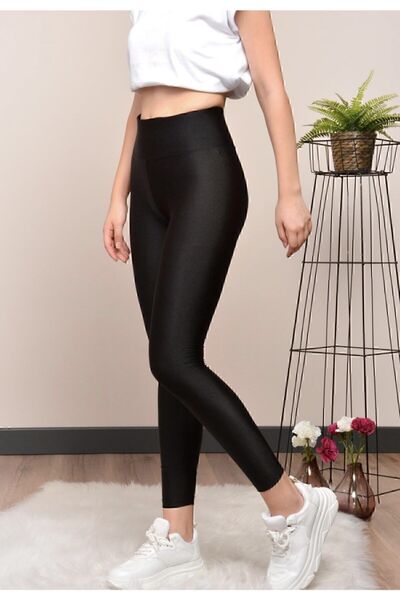 Tusebu Women's Black Shiny High Waist Wet Look Stretchy Shaping / Sculpting Tights