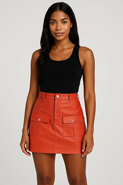 ZENGEZUR MALL Mtxdpn Leather Skirt with Two Front Pockets Orange H240040 (153722) (Size: m)