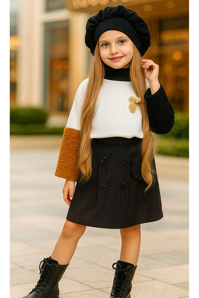 Calisa Girl's 3-Piece Combination Set: Plush Detail Sweatshirt + Velvet Skirt + Beret Set for Holidays