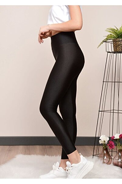 Tusebu Women's Black Shiny High Waist Wet Look Stretchy Shaping / Sculpting Tights