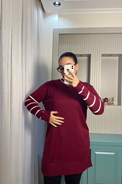 Auroveen Basic Sleeve Line Detailed Crew Neck Long Knitwear Tunic Av2224