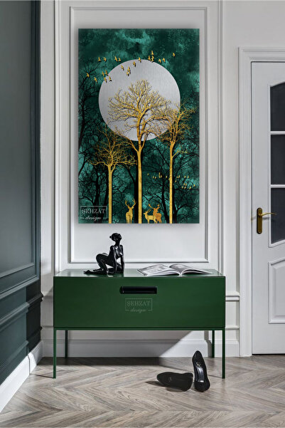 Evening Forest with Single Vertical Golden Deer Green Themed Canvas Painting