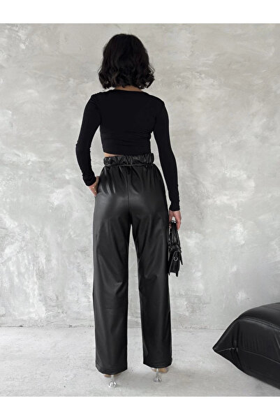 ZENGEZUR MALL Mtxdpn Leather Pants with Self-Thin Belt Black T1178 (153851) (Size: S)