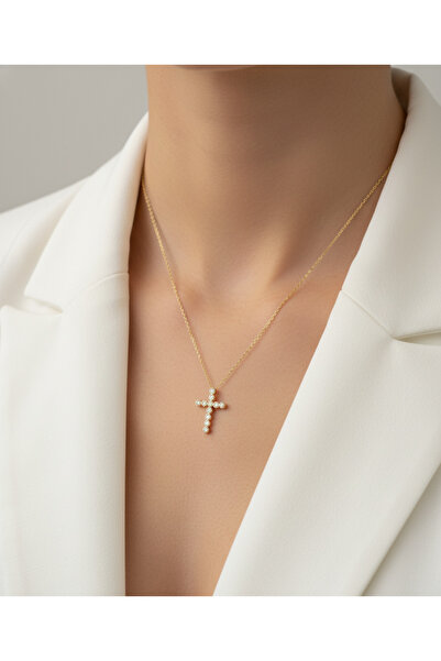 Utku Kuyumculuk 14 AYAR 0,22 CT PIRLANTA TAŞLI CROS HAÇ KOLYE