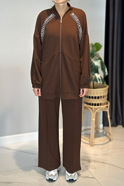 Lale Butik Combed Cotton Suit with Stone Detail on the Front 2015 Brown