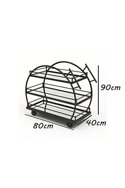 genric FFD 3-Tier Round Arched Bar Cart – Glass Shelves, Welded Metal Frame, 1.3cm Black 80x40x90cm