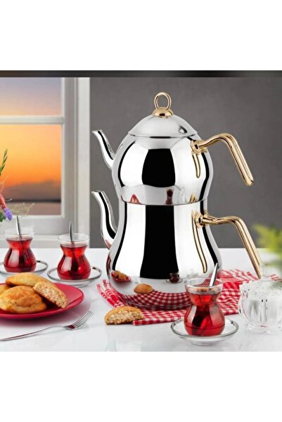 BAHEMM İlda aile boyu gold saplı PASLANMAZ ÇELİK Çaydanlık