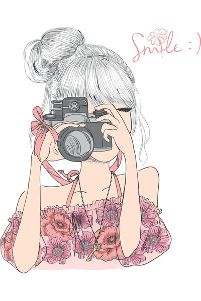 Yznhome Çocuk odası- Çiçekli Elbise Giyen Fotoğraf Makinesi Tutan Kız Desenli...