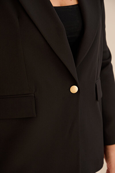 FOR ESRA BIG TREND Women's Plus Size Single Button Decorative Flap Pocket Shoulder Pad Layer Lined Woven Jacket