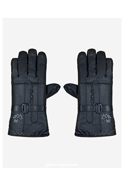Kardelen Butik Denizli Men's Inflatable Faux Leather Biker Gloves with Fur Inside