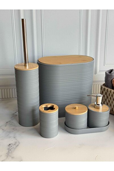 ROSSEV Acrylic 5 Piece Bamboo Lid Gray Bathroom Set