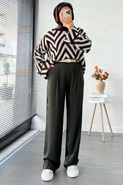 MELEK ARAZ High Waist Pleated Detailed Flowy Palazzo Pants - Khaki